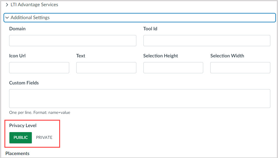 The Additional Settings section is expanded. Under Privacy Level, the Public option is selected and highlighted.